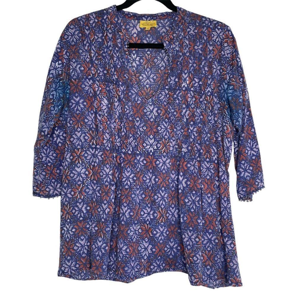 Roberta Roller Rabbit Blue Snowflake Pattern Beaded Trim V Neck Blouse XS